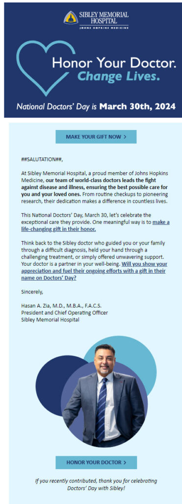 Solicitation Emails in FY24 Blog: email for Johns Hopkins Medicine Sibley Memorial Hospital fundraising email