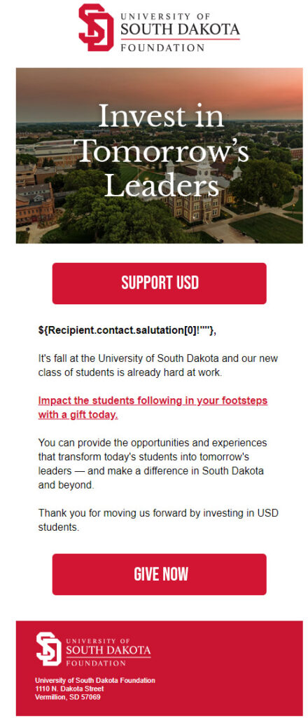 Solicitation Emails in FY24 Blog: email for University of South Dakota Foundation email