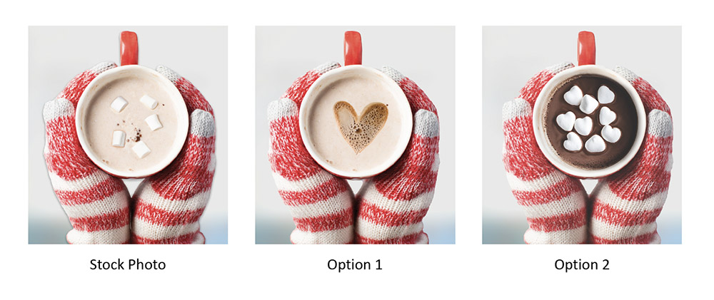 Blog on using AI for graphic design: Image showing a stock photo of hot chocolate and two images of adding different designs to the cups with AI. 