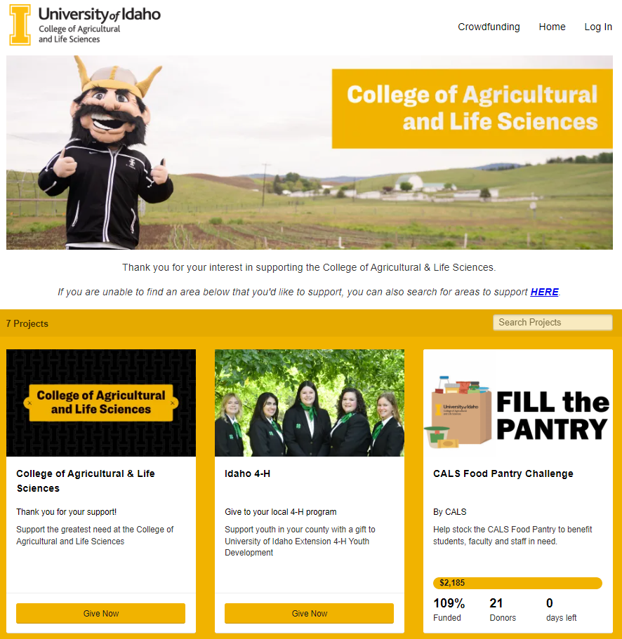 University of Idaho College of Agricultural and Life Sciences crowdfunding campaign 