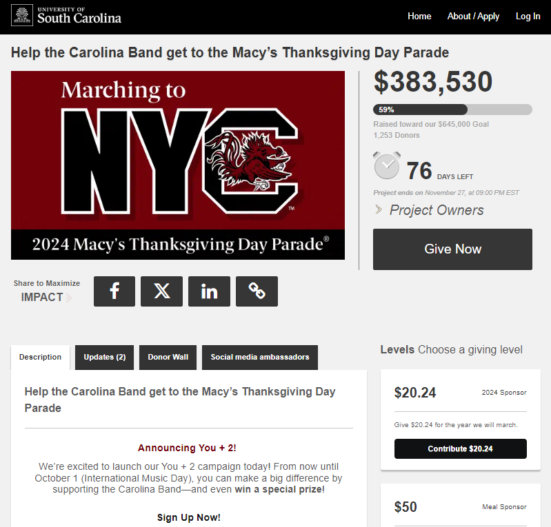 University of South Carolina crowdfunding campaign for the university band