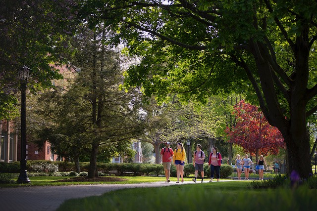 Elmira College: Students walking through campus