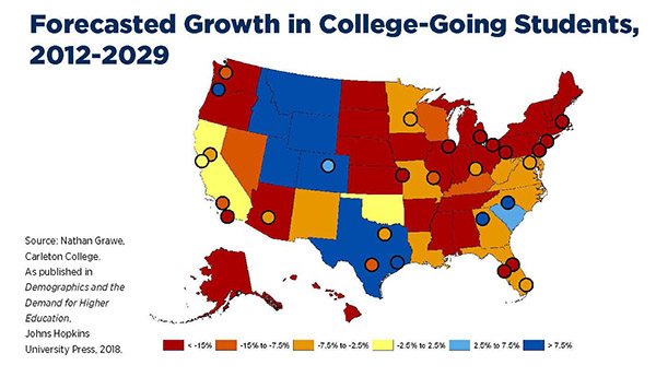 Map of US showing forecasted growth in college-bound students